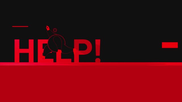 Man running over red help letters on a black background symbolizing an urgent cry for assistance and overcoming mental health challenges in minimalist art