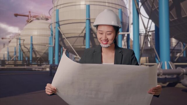 Front View of Asian Businesswoman Looking At Blueprint In Her Hands While Walking with Spherical Propane Tanks with Fuel Gas Pipelines