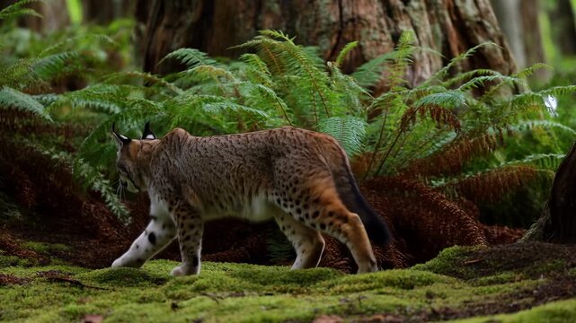 Silent Bobcat Navigates Lush Mossy Terrain While Researcher Watches From Afar For Wildlife Study