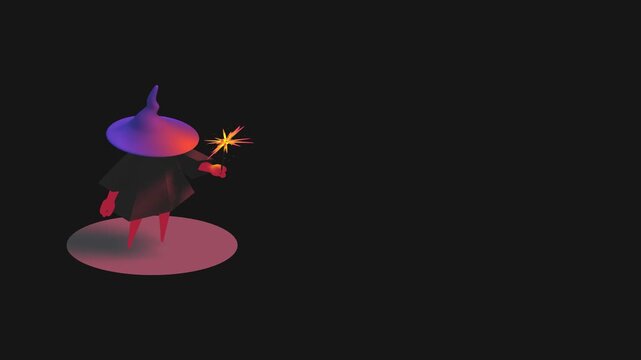 Magical wizard character holding a shining sparkler positioned on the left side of a dark frame with dramatic purple and pink rim lighting