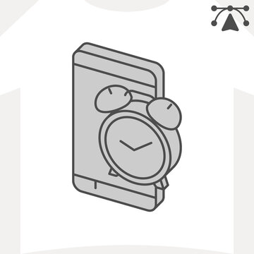 Alarm clock app isometric icon, mobile wake up concept. Vector graphics. Smartphone clock, app sign and editable stroke, outline style icon for mobile or web design.