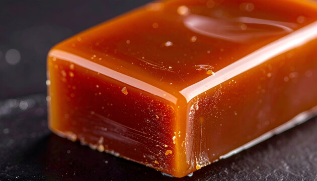 Sweet and sticky homemade caramel candy square with glossy surface on dark background