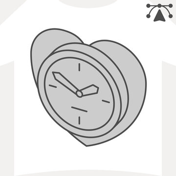 Heart shaped clock isometric icon, time heals concept. Vector graphics. Heartbeat, pulse ticking sign and editable stroke, outline style icon for mobile or web design.