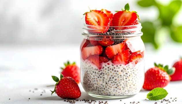 Delicious strawberry chia seed pudding in glass jar on table with fresh strawberries