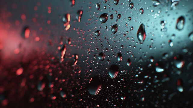 close-up of rain droplets on glass window, detailed water texture, lightning flash reflected in droplets, dark storm outside, soft blur background