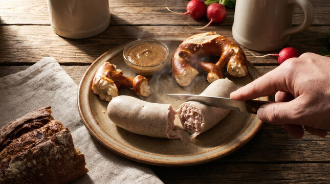 Wei&szlig;wurst Sliced Open with Pretzel and Mustard, Rustic Bavarian Breakfast