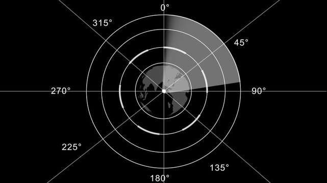Global radar scanning interface animation. Futuristic radar interface scanning world map. Digital radar system tracking 4k Animation video on Black Background