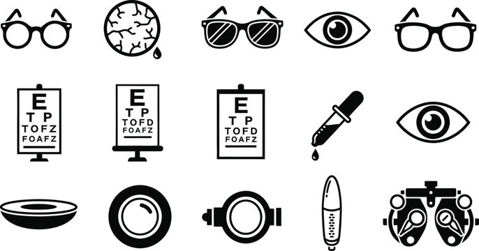 Optometry and ophthalmology icons comprehensive eye care tools and visual charts