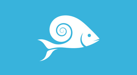 Obraz premium Minimalist white fish icon with spiral shell on blue background