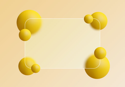 Vibrant yellow 3D spheres on a warm gradient background with a glass-morphism style frame. Eps 10