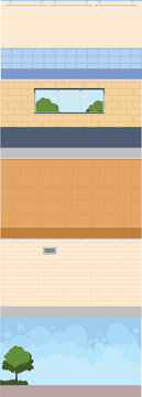 Vector office wall and window constructor set. Flat design architectural elements with brick textures, glass panels, and outdoor scenery for building customizable workspace backgrounds.