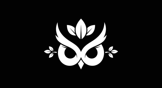 Minimalist white owl face logo with leaves on black background