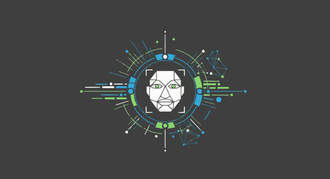 Biometric facial recognition icon with digital HUD on dark background