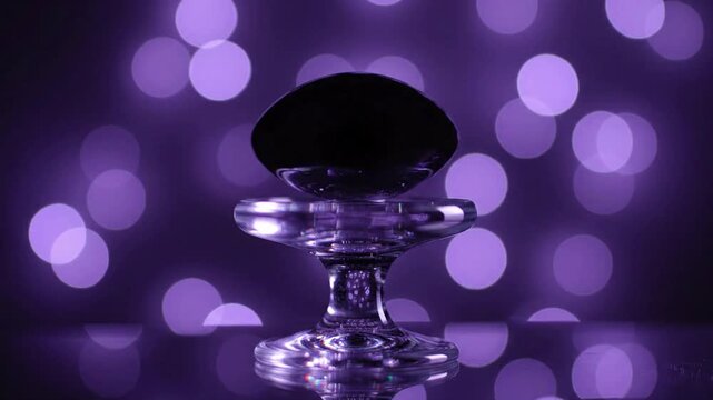 Mystical glowing purple eye sculpture on a glass stand, abstract bokeh background, symbolizing vision and perception