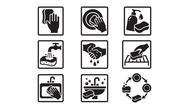 Dishwashing and kitchen cleaning instruction icons set in square frames