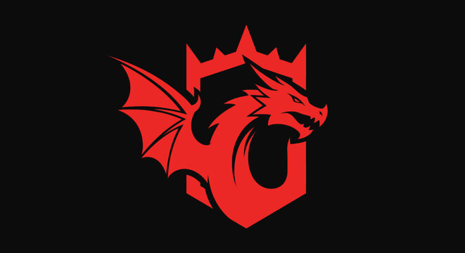 Red dragon mascot logo with crown and shield