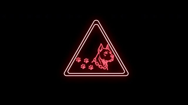 A bright red neon animated warning sign with a "beware dog" sign. Glowing brightly against a black background, this sign signals caution and danger, with abstract movement and a repeating effect.