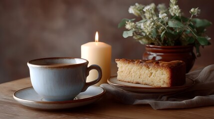 Fototapeta premium A cozy still life arrangement featuring cake warm candle glow and fresh flowers on a rustic wooden table