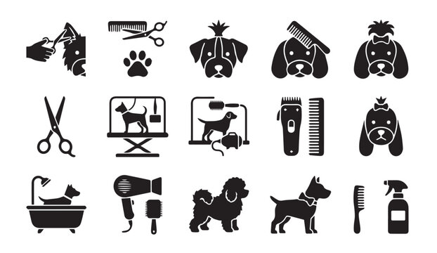 Dog grooming service icon set for pet care professional and salons with grooming
