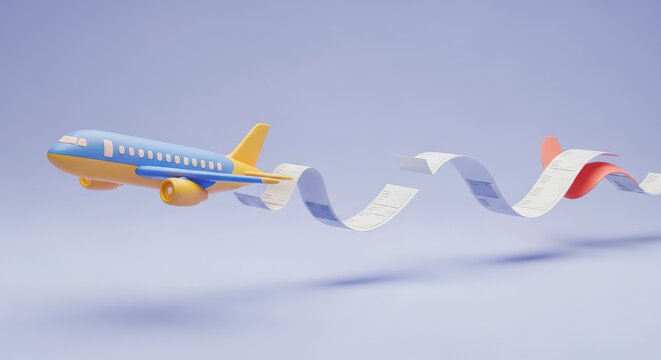 3d rendering of a passenger airplane with a long paper bill or receipt trailing behind representing travel expenses