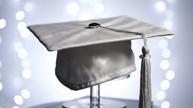 Isolated graduation cap with tassel on a display stand, soft bokeh lights in background, symbolizing academic achievement and success