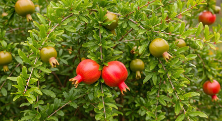 Fototapeta premium Pomegranates on tree in natural outdoor lighting for food and health advertising