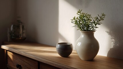 Fototapeta premium A quiet still life featuring a potted plant ceramic vase and decorative bowl resting on a rustic wooden dresser illuminated by natural sunlight