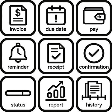 Business icons including invoice, due date, pay, reminder, receipt, confirmation, status, report, and history are shown.