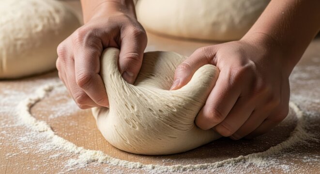 Macro shot of human hands kneading a ball of yeast bread dough on a floured wooden surface, showing the elastic texture of raw dough and flour dusting in a bakery or kitchen.