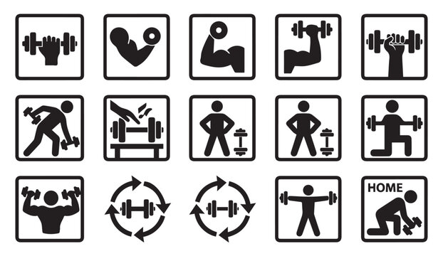 Weightlifting gym exercise and bodybuilding fitness icon collection