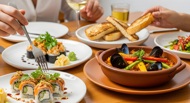 Variety of seafood and sushi dishes on wooden table in warm cozy lighting for restaurant menu