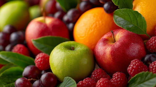 Burst of Nature's Bounty: A vibrant medley of fresh fruits, including crisp apples, juicy oranges, plump grapes and sweet berries, arranged in a colorful display that embodies freshness and vitality.