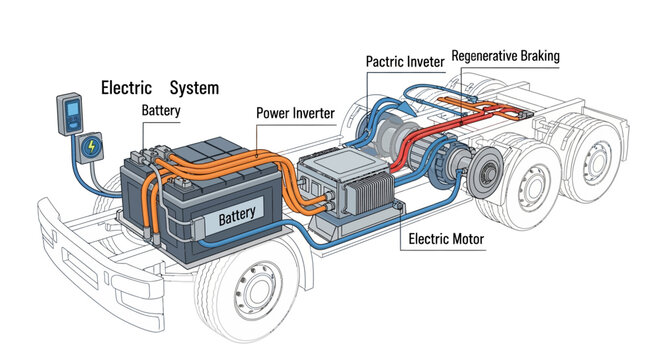 Schematic diagram of an electric truck chassis showing internal motor and battery components.