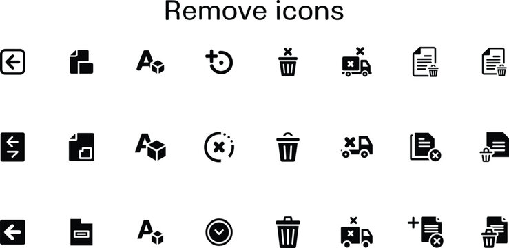 Remove icons set, delete, clear, undo, document remove symbols, minimalist UI interface elements collection &ndash; vector illustration