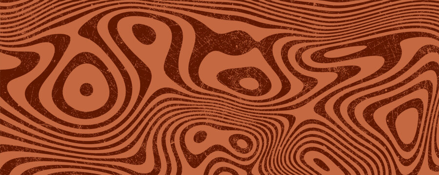 Retro coffee color background. Milk chocolate liquid dessert texture. Wavy swirl candy pattern for poster, cover, banner, pamphlet. Vintage brown trippy hippie wallpaper in 60s or 70s style. Vector