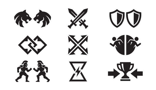 Competitive battle versus combat and sports duel icon collection with strength