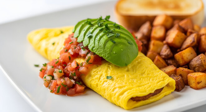 Delicious breakfast omelette with avocado salsa and potatoes in bright natural lighting for restaurant menu