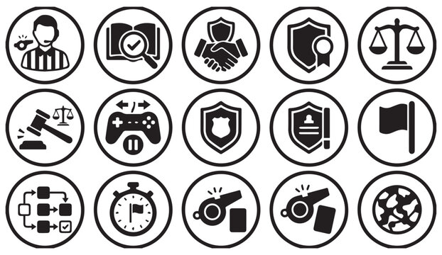 Fair play rules law and sports officiating circular icon collection