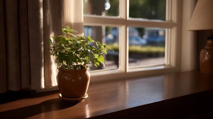 Fototapeta premium A vibrant potted houseplant sits on a wooden ill bathed in soft natural sunlight filtering through sheer curtains