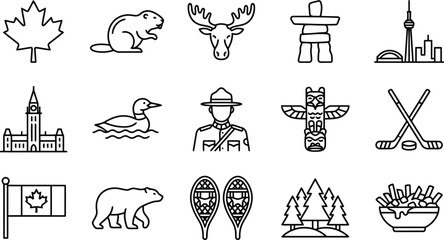 Naklejka premium Canada icons set canadian symbols and landmarks vector illustrations maple leaf, beaver, moose, inuksuk, cn tower, hockey