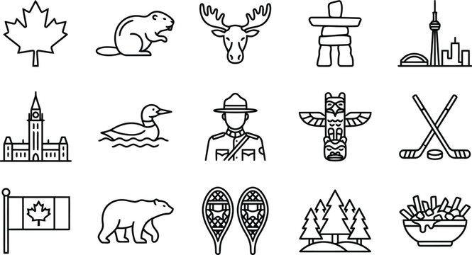 Canada icons set canadian symbols and landmarks vector illustrations maple leaf, beaver, moose, inuksuk, cn tower, hockey