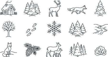 Obraz premium Winter forest and wildlife line art icons set