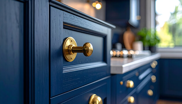 Close-up of brass knob on navy blue kitchen cabinet drawer in modern home