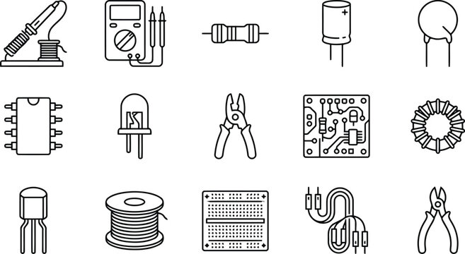 Set of electronic components and tools icons, including soldering iron, multimeter, resistor, capacitor, circuit board, and pliers