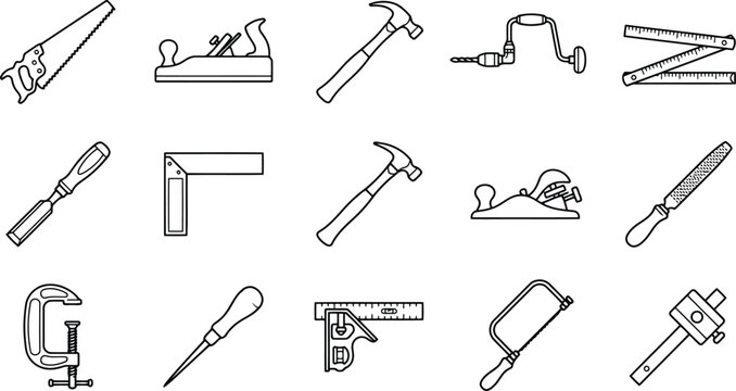 Set of hand tools for woodworking and carpentry, including saws, hammers, planes, chisels, and measuring instruments in line art style