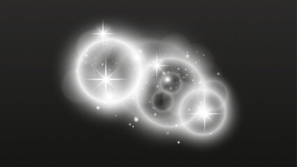 Fototapeta premium Glowing Luminous Rings of Different Sizes with Bright Star Sparkles Inside, Soft Mist and Scattered Particles on Dark Transparent Background. Vector Design Element.