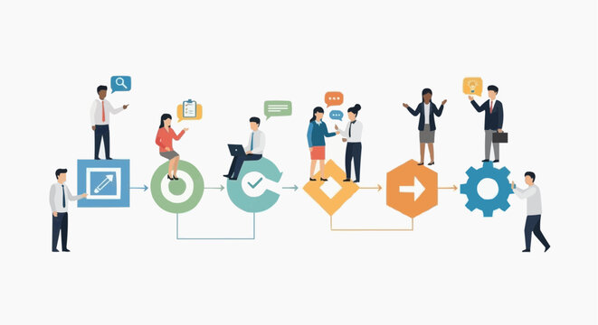 Vector illustration of business people and teams with speech bubbles in different situations representing social communication and network connection icons for unity and teamwork design concepts