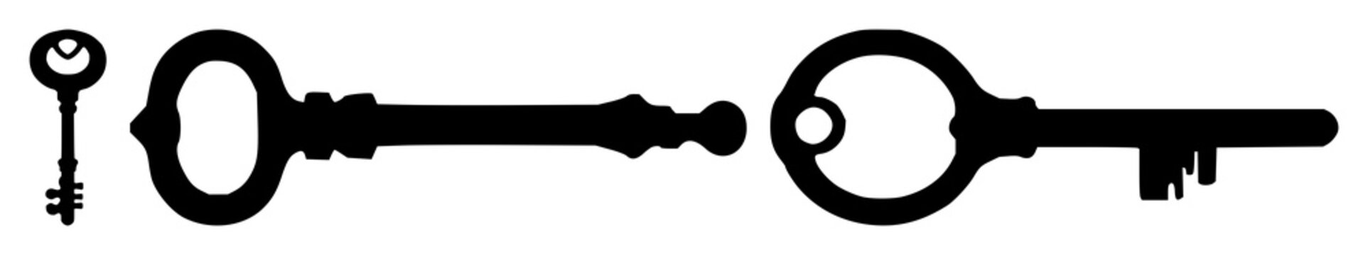 Skeleton key set with black silhouette against bright white background featuring key, lock, antique with silhouette and design