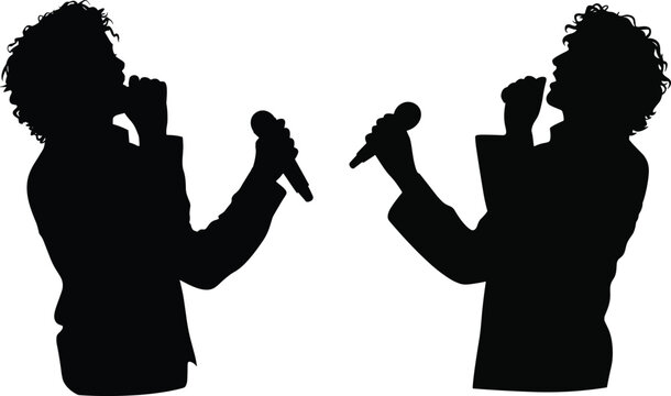 Singer silhouette set with microphone, vocal performance poses, music concert artist illustration, black outline stage concept &ndash; vector illustration