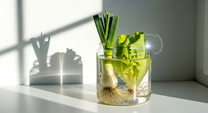 Green vegetable scraps regrowing roots in glass jar with sunlight and shadows